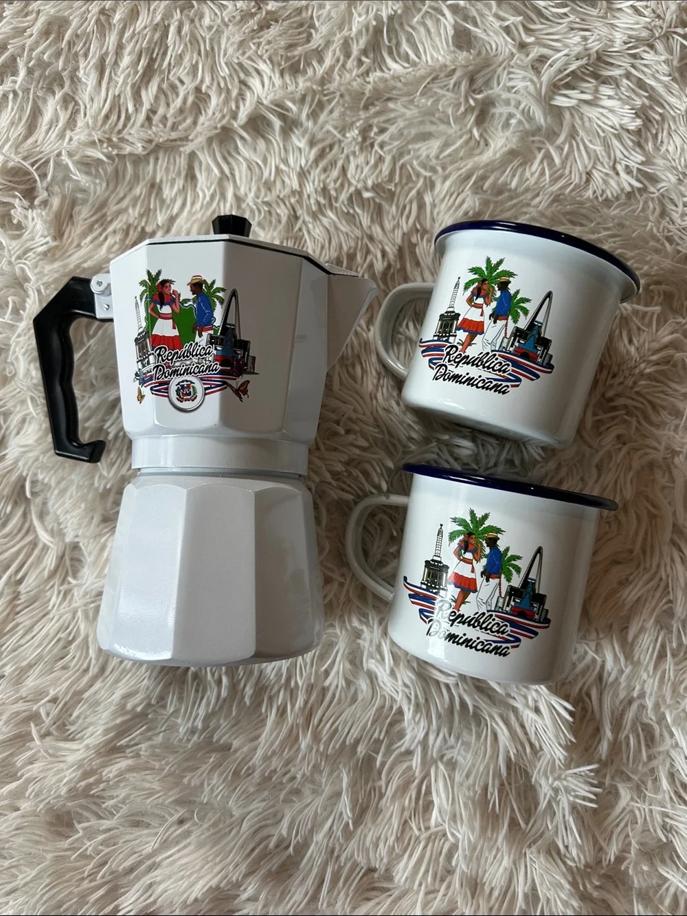 White Enamel Moka Pot & Cups Set